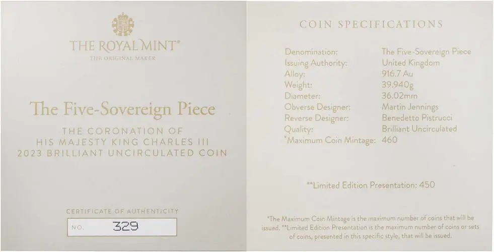 2023 Coronation of King Charles III Gold Quintuple Sovereign BU Matt certificate