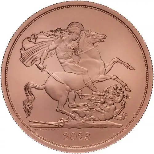 2023 Coronation of King Charles III Gold Quintuple Sovereign BU Matt reverse