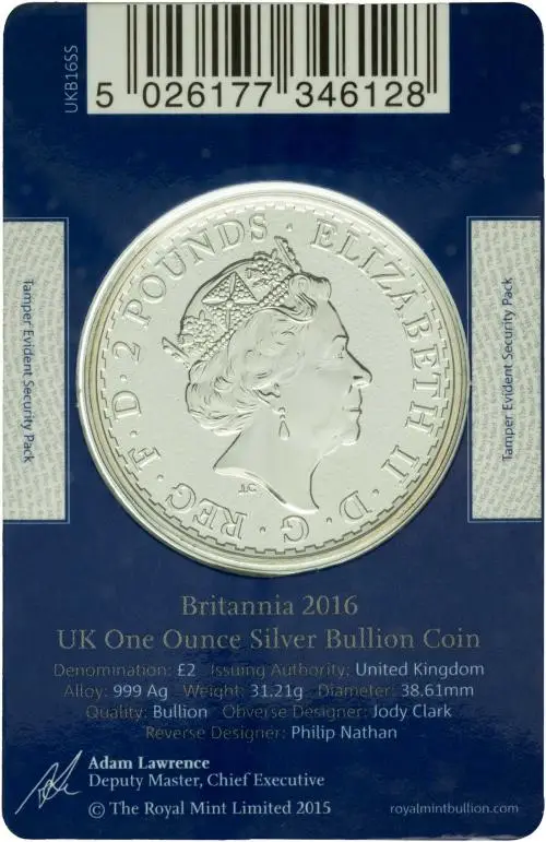 2016 Silver Bullion Ungraded 1 Ounce Britannia  Coin In Card United Kingdom The Royal Mint obverse