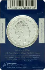 2016 Silver Bullion Ungraded 1 Ounce Britannia  Coin In Card United Kingdom The Royal Mint obverse