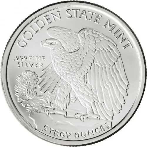 Silver 5 Ounce Liberty  Rounds Single United States of America The Golden State Mint reverse