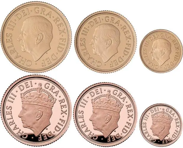 2022 - 2023 KCIII 1st & 2nd Portrait 3-Coin Proof Sovereign Set Bundle (6 Coins) obverse