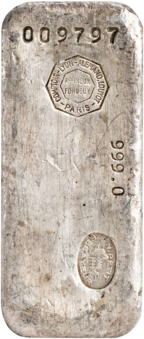 Silver 1 Kilogram Cast  Bar Single Pre-Owned France Comptoir Lyon Alemand Louyot top view