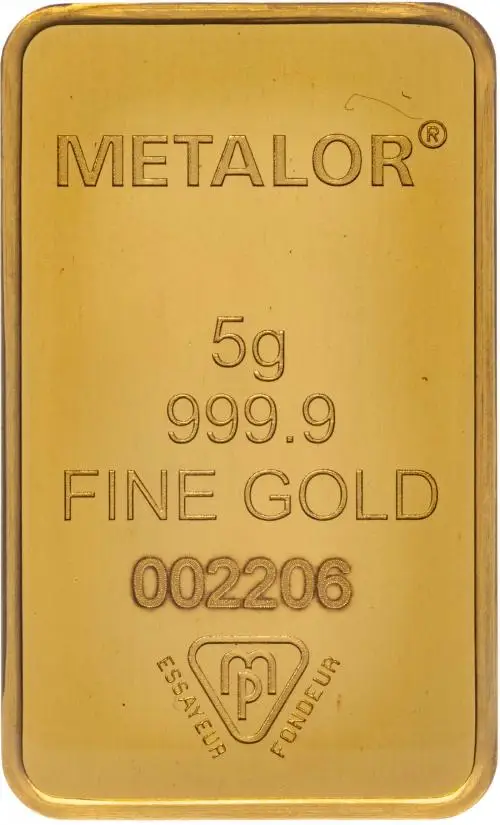Gold Bullion 5 Gram Wafer  Bar Loose Pre-Owned Metalor obv