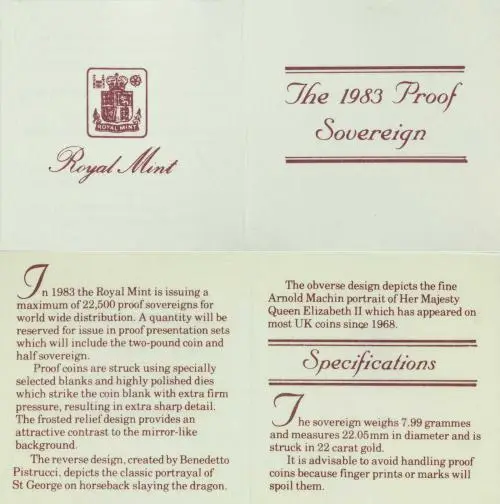 1983 Gold Proof Sovereign  Coin Certificate of Authenticity