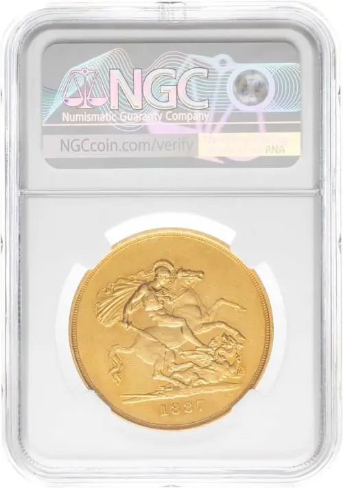 1887 Gold £5 Quintuple Sovereign Victoria Jubilee Head NGC AU-55 rev