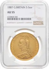 1887 Gold £5 Quintuple Sovereign Victoria Jubilee Head NGC AU-55