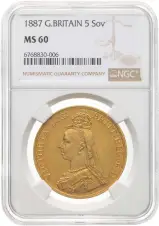 1887 Gold £5 Quintuple Sovereign Victoria Jubilee Head NGC MS-60