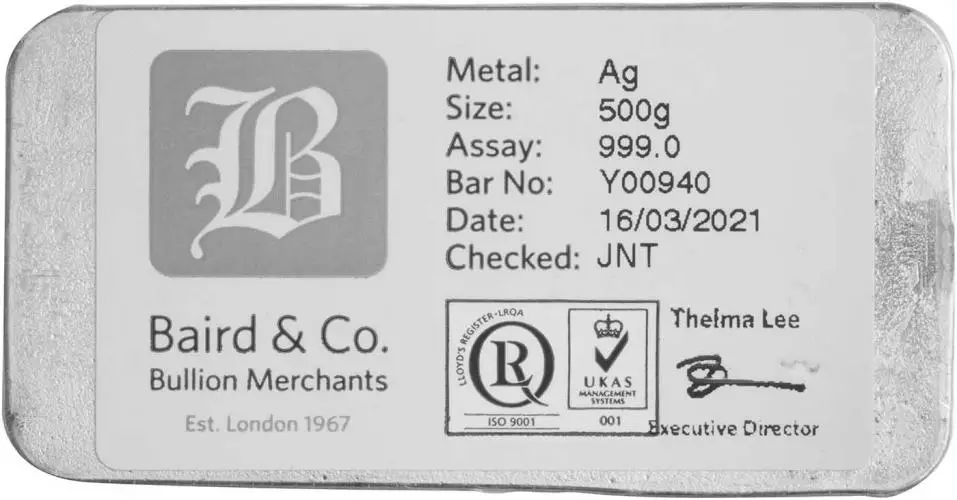Pre-Owned Baird & Co 500g Silver Bullion Bar Reverse