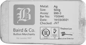 Pre-Owned Baird & Co 500g Silver Bullion Bar Reverse