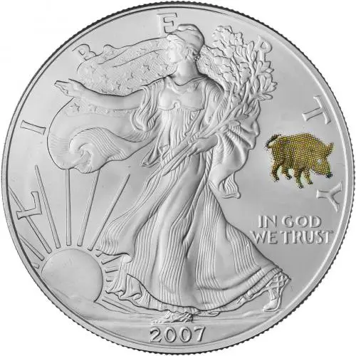 2007 Silver Bullion 1 Ounce Eagle Boar Privy Coin Single United States of America US Mint obv