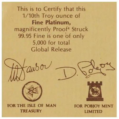 1984 Platinum Bullion 0.1 Ounce Isle of Man Coin certificate