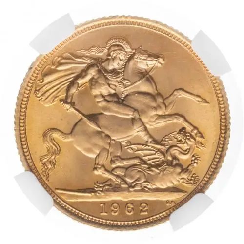 1962 Gold Graded Full Sovereign Elizabeth II  Coin NGC Collectable United Kingdom The Royal Mint First Portrait MS-64+ rev close view