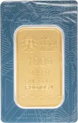 Gold Bullion 100 Gram Wafer Bar In Card Pre-Owned United Kingdom The Royal Mint reverse