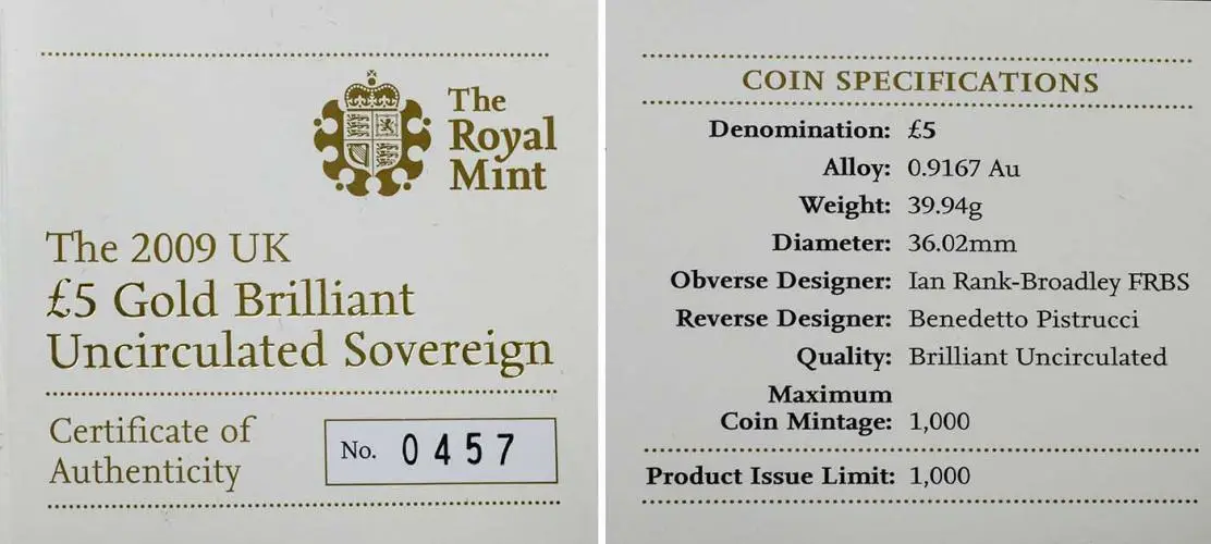 2009 Gold Brilliant Uncirculated Quintuple Sovereign £5 St George  with cert