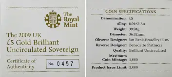 2009 Gold Brilliant Uncirculated Quintuple Sovereign £5 St George  with cert