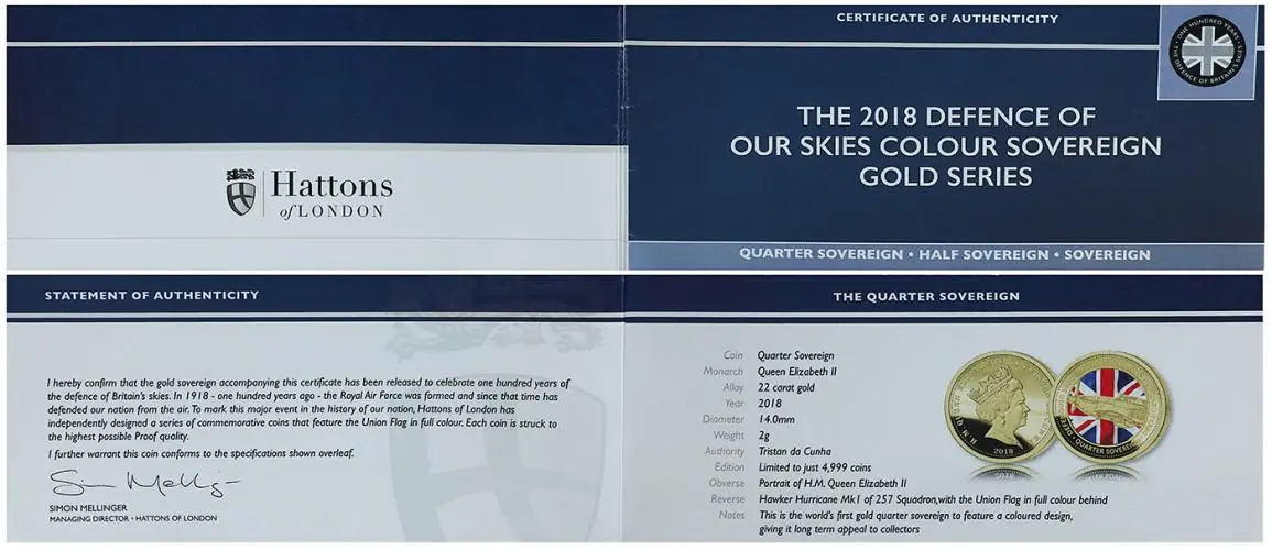 2018 Gold Proof RAF Defence of our Skies Coloured  Coin TDC The Royal Mint 3 Coins certificiate