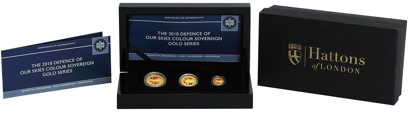 2018 Gold Proof RAF Defence of our Skies Coloured  Coin TDC The Royal Mint 3 Coins display