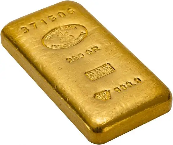Swiss Bank Corporation Gold 250g Cast Bar - Pre-Owned  obverse side view