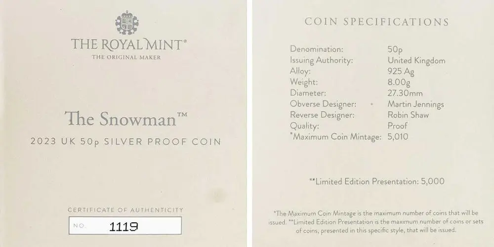 2023 The Snowman Silver Proof 50 Pence Coin  with cert