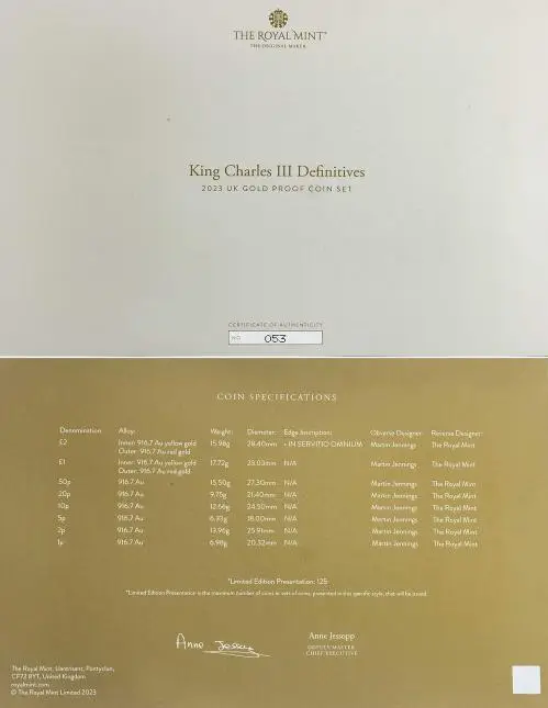 2023 King Charles III Gold Proof Definitive Annual - 8 Coin Set certificate
