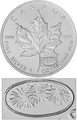 1999 - 2000 Firework Privy Silver Uncirculated 1 Ounce Maple  Coin Single Canada Royal Canadian Mint closer view of privy mark