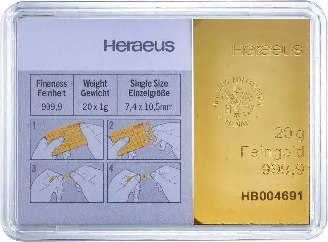 Heraeus CombiBar 20 x 1 Gram Gold Bar - Pre-Owned Obverse In Presentation Box