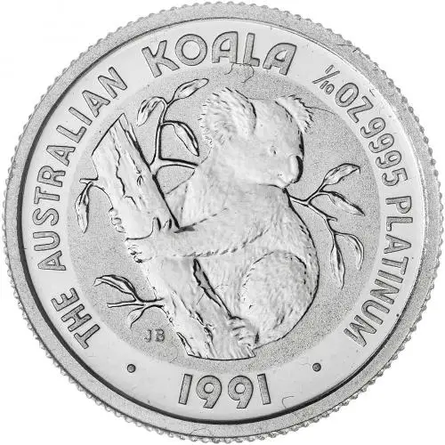 1991 Platinum Bullion 0.1 Ounce Koala Elizabeth II Australian Dollar $50 Coin Single Australia Perth Mint rev