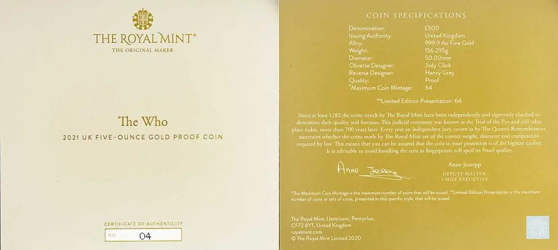 2021 Gold Proof 5 Ounce Music Legends Elizabeth II The Who Pound Sterling £500  Coin Single With Cert With Box United Kingdom The Royal Mint with cert