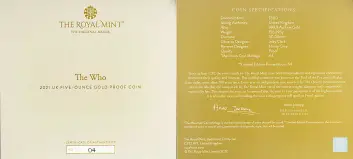 2021 Gold Proof 5 Ounce Music Legends Elizabeth II The Who Pound Sterling £500  Coin Single With Cert With Box United Kingdom The Royal Mint with cert