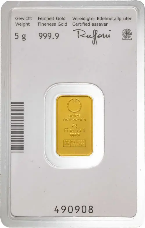 Gold Bullion 5 Gram Wafer KINEBAR  Bar Pre-Owned Austria MÜNZE ÖSTERREICH obverse
