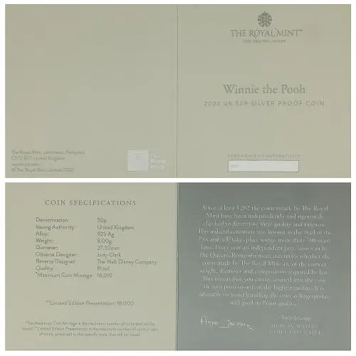 2020 Winnie the Pooh & Friends Silver Proof 'Winnie' 50p Coin certificate