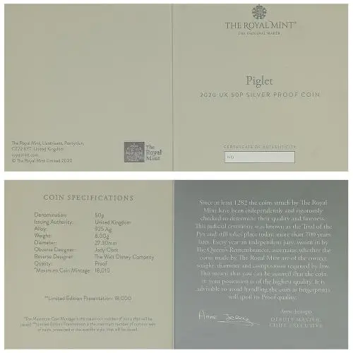 2020 Winnie the Pooh & Friends Silver Proof 'Piglet' 50p Coin certificate