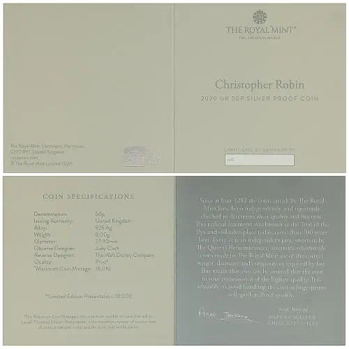 2020 Winnie the Pooh & Friends Silver Proof 'Christopher Robin' 50p Coin certificate