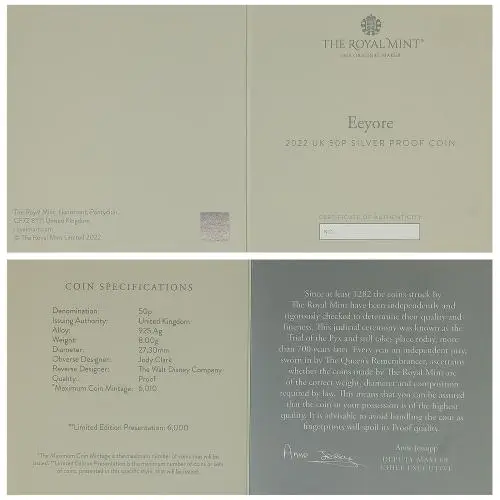 2022 Winnie the Pooh & Friends Silver Proof  'Eeyore' 50p Coin certificate
