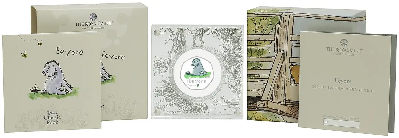 2022 Winnie the Pooh & Friends Silver Proof  'Eeyore' 50p Coin display