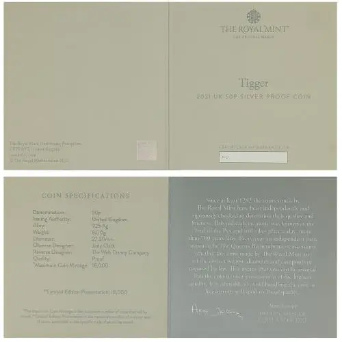 2021 Winnie the Pooh & Friends Silver Proof 'Tigger' 50p Coin certificate