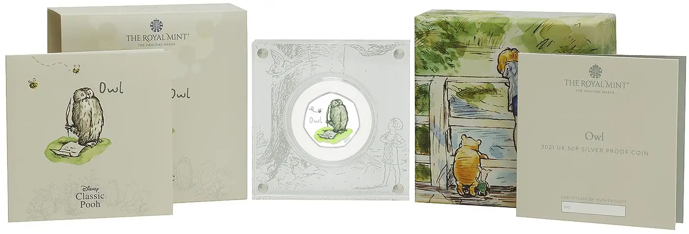 2021 Winnie the Pooh & Friends Silver Proof 'Owl' 50p Coin display