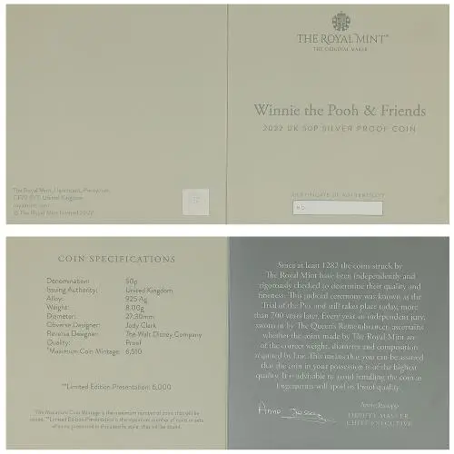 certificate 2022 Winnie the Pooh & Friends Silver Proof 50p Coin