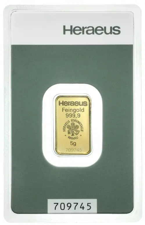 5g Minted Gold Bullion Bar Heraeus reverse