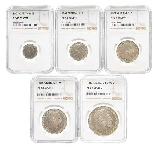 1902 PF 61 - 64 MATTE Mixed Proof Sovereign Edward VII Coronation Sovereign and Crown Coin NGC Collectable United Kingdom The Royal Mint 13 Coins silver coins