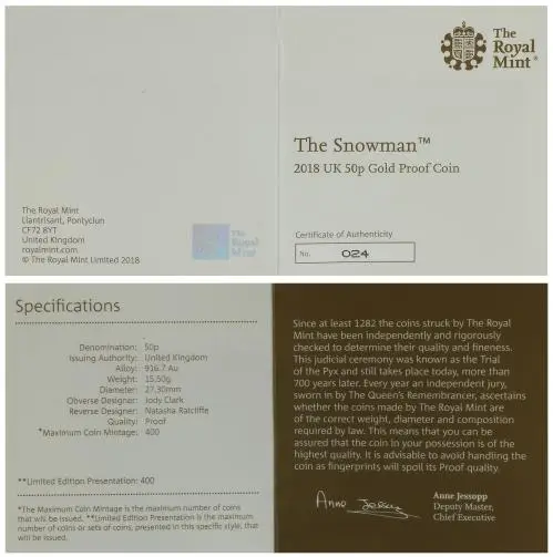 2018 Gold Proof Snowman Elizabeth II Pound Sterling 50 Pence  Coin Single United Kingdom The Royal Mint certification