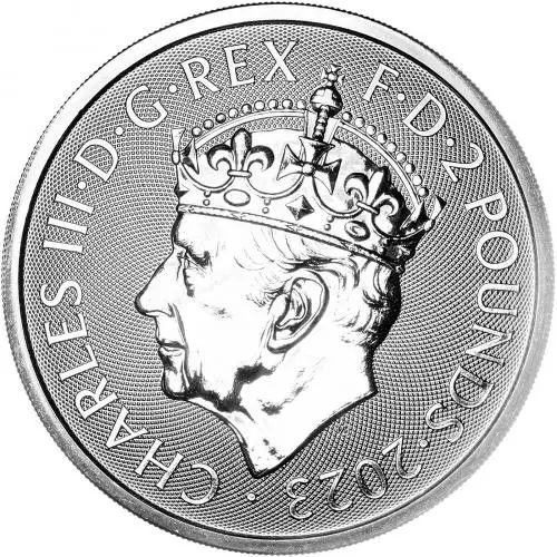 2023 Silver Bullion 1 Ounce Britannia Charles III King Charles III Coronation Pound Sterling £2  Coin Single Pre-Owned United Kingdom The Royal Mint obv