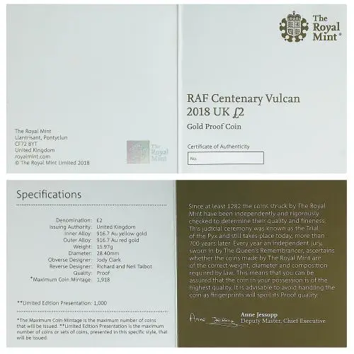 2018 RAF Centenary 'Vulcan' £2 Gold Proof Coin certificate