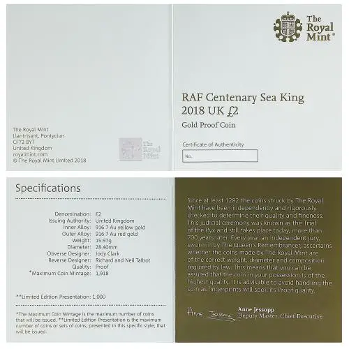 2018 RAF Centenary 'Sea King' £2 Gold Proof Coin certificate