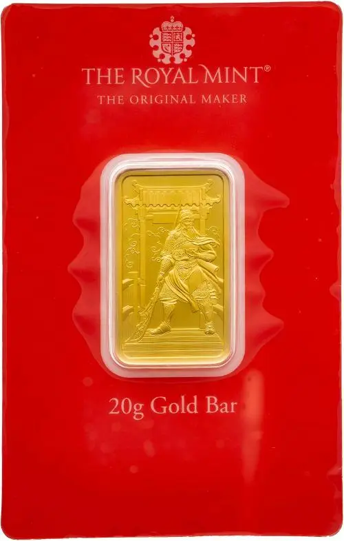 Gold Bullion 20 Gram Wafer Guan Gong  Bar In Card New United Kingdom The Royal Mint obverse