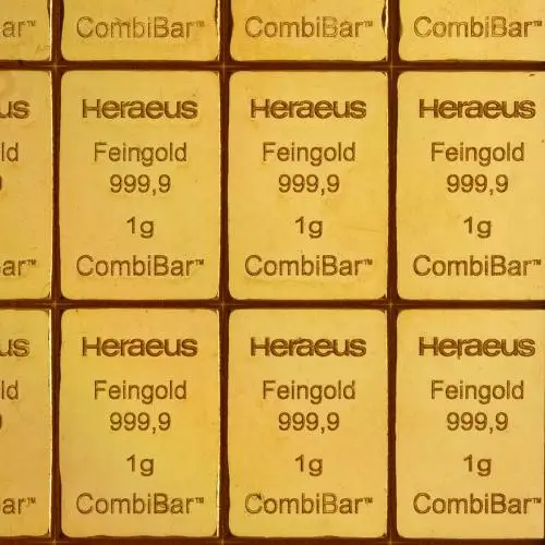 50 x 1g Combibar Gold Bullion 50 Gram  Bar In Sleeve Pre-Owned Germany Heraeus closer view