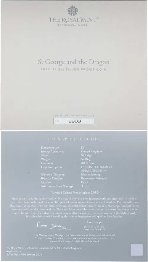 2024 St George and the Dragon 2 oz Silver Proof Coin certification image