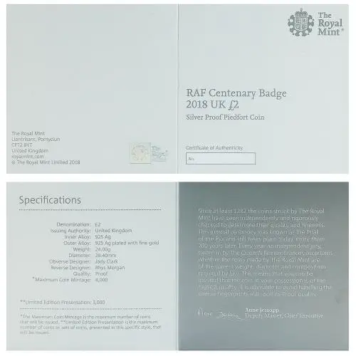 2018 Silver Proof Piedfort RAF Centenary Elizabeth II Badge Pound Sterling £2  Coin certificate