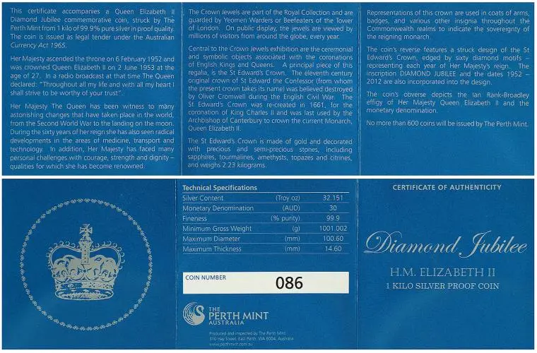 2012 Silver Proof 1kg Queen Elizabeth II 'Diamond Jubilee' Coin - Pre-Owned cert